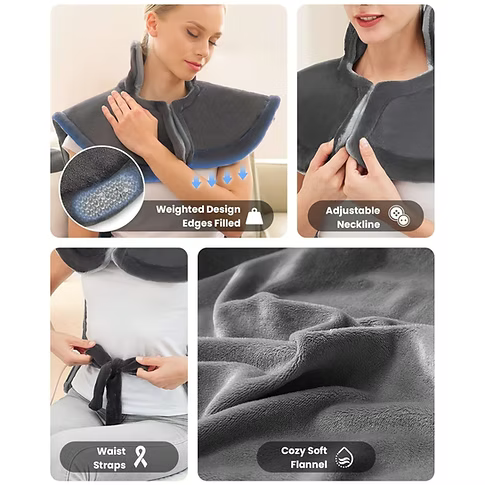 A women wearing a long grey weighted heating pad around her neck and shoulders with the text: weighted design, edges filled, adjustable neckline, waist straps, and coy soft flannel. 