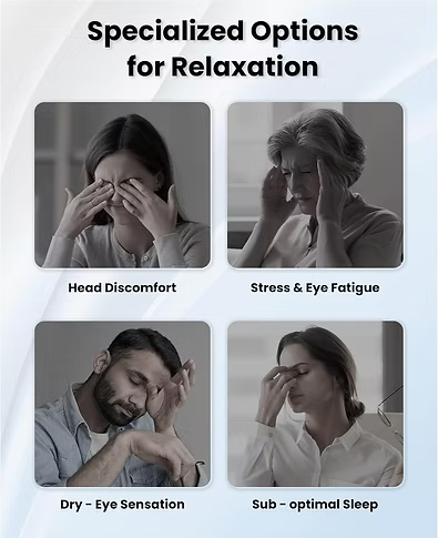 Promotional graphic with the headline 'Specialized Options for Relaxation' above four grayscale photos showing people experiencing head discomfort, stress and eye fatigue, dry eye sensation, and sub-optimal sleep.
