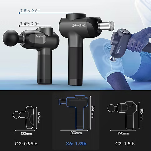 Three black massage guns are shown with dimension callouts and a lifestyle inset of a person using one. Product dimensions: Q2: 0.95lb, 133mm x 147 mm, X6: 1.9 lb, 200mm x 244 mm, C2: 1.5 lb, 190 mm x 186 mm. 