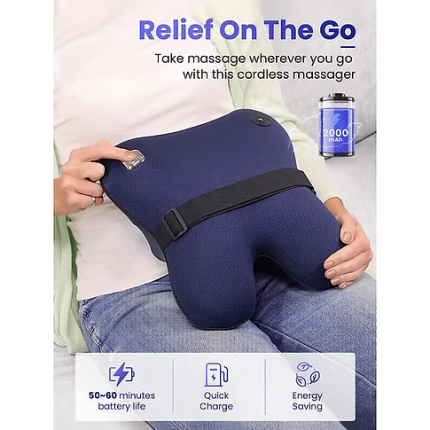A person reclining on a sofa using a navy blue cordless back massager on their lower back. The image includes marketing text at the top reading 'Relief On The Go' and feature icons/blocks at the bottom highlighting 50-60 minutes battery life, quick charging, and energy saving.