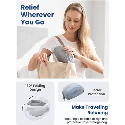 A woman in a white shirt demonstrates a light gray travel storage pouch with an eye massager inside a beige tote bag, with promotional text highlighting the eye massager's folding design, better protection, and portability.