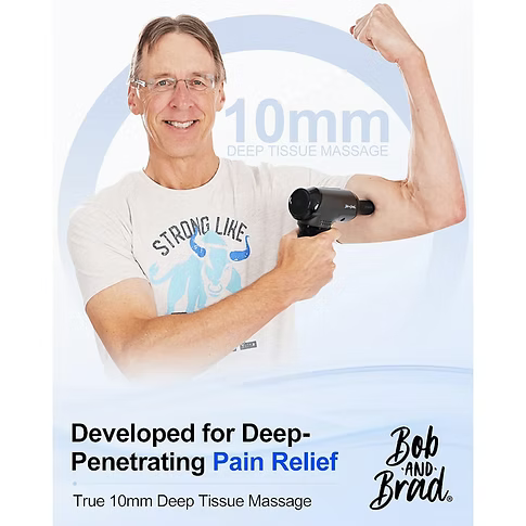 Bob a white graphic T-shirt holds a black handheld massage device against his upper arm, flexing his bicep. The background is a light blue and white graphic with text reading '10mm DEEP TISSUE MASSAGE' and 'Developed for Deep-Penetrating Pain Relief' with the 'Bob and Brad' logo.