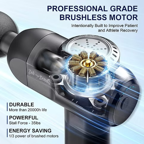 A close-up promotional graphic of a Bob and Brad professional-grade brushless massage gun with a cutaway view showing the internal brushless motor. The image includes marketing text highlighting the professional-grade brushless motor: intentionally built to improve patient and athlete recovery. Text also includes: durability (more than 20000h life), power (stall force: 35 lb), and energy-saving (1/3 power of brushed motors).