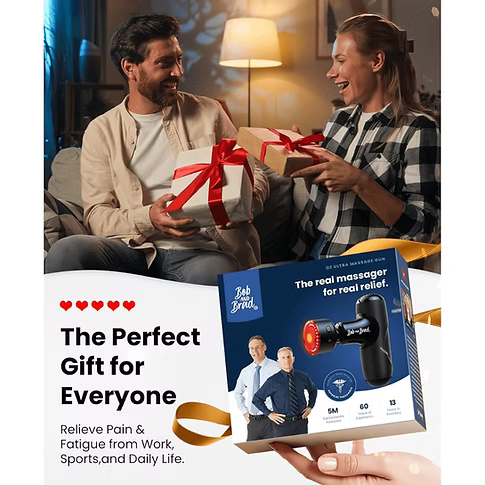 An image showing a man and woman sitting on a couch and giving gift boxes to each other, with a hand holding the retail box for the Bob and Brad Q2 Massage Gun in the foreground. Large text reads, 'The Perfect Gift for Everyone: relieve pain & fatigue from work, sports, and daily life.' 
