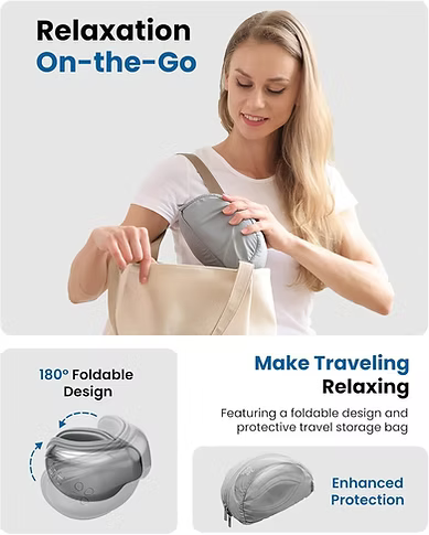A woman demonstrates a gray travel storage bag nestled inside a beige tote bag, with promotional text highlighting its foldable design and travel protection. The layout includes two feature callouts at the bottom: '180° Foldable Design' with a circular diagram and 'Make Traveling Relaxing' with a small inset of the bag packed.