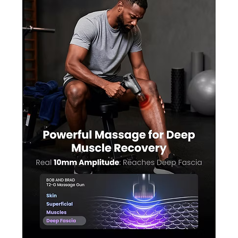 A man using a T2 massage gun on his leg with text about deep muscle recovery and product features. Text includes: Powerful massage for deep muscle recovery. Real 10mm Amplitude reaches deep fascia. 