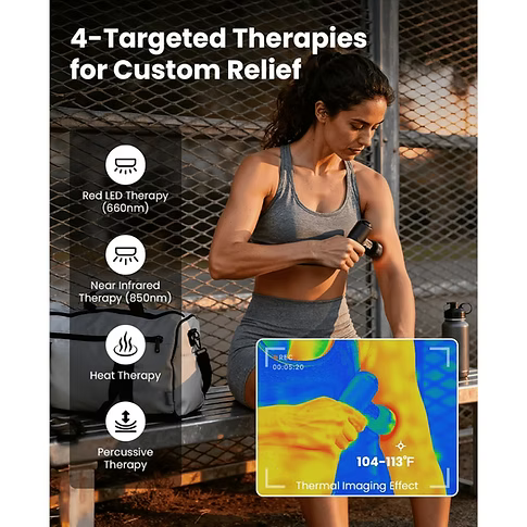 Woman using a Q2 massage gun on her arm with text about 4-targeted therapies for custom relief: red LED therapy (660nm), near infrared therapy (850nm), heat therapy, percussive therapy. 