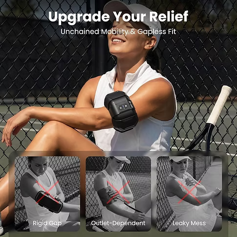 Woman on a tennis court wearing a 3-in-1 hot/cold compress device with the text 'Upgrade Your Relief. Unchained mobility & gapless fit.' and images showing issues with arm support.