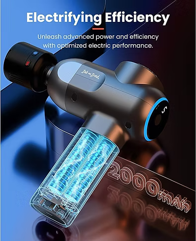 A handheld electric massage gun shown at an angle on a dark, reflective surface, with promotional text reading 'Electrifying Efficiency' and '2000 mAh' in the background. The product is primarily black and dark gray, with a bright blue illuminated charging/energy display and a blue ring accent on the side. Text includes: Unleash advanced power and efficiency with optimized electric performance. 