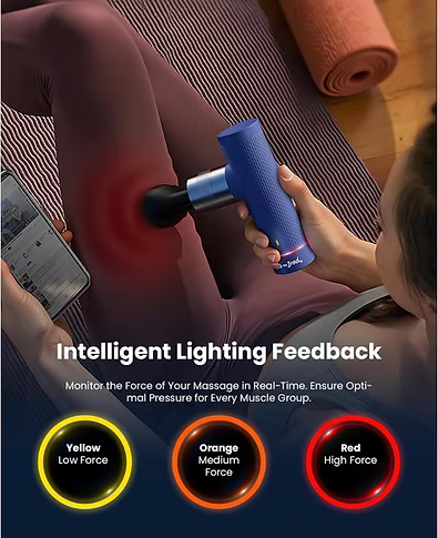 A person is using a blue and silver handheld massage gun on their thigh, with a red heat overlay indicating smart feedback. The image includes text reading 'Intelligent Lighting Feedback' and three circular indicators showing Yellow/low force, Orange/ medium force, and red/high force levels.