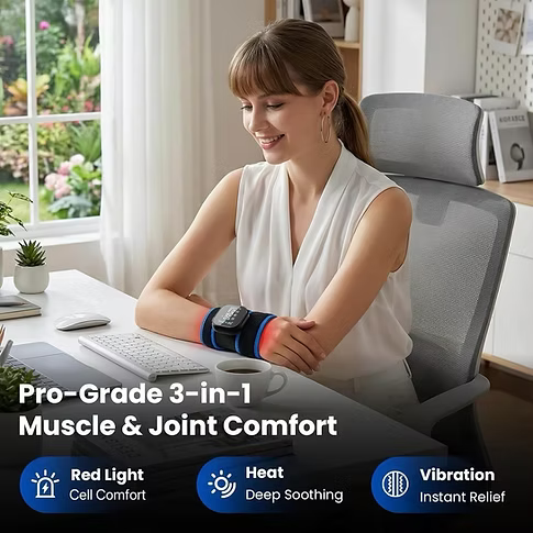 Woman using the TheraHeat Wrist wrap for muscle and joint comfort in a home office setting. Text includes: Pro- grade 3-in-1 muscle joint comfort. Red light cell comfort. Deep, soothing heat. Vibration, instant relief. 