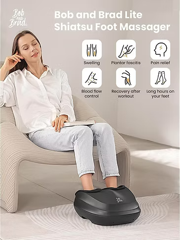 A woman sits in a beige lounge chair using a black Bob and Brad Lite Shiatsu foot massager on the floor. The image includes marketing text and icons highlighting benefits such as swelling relief, plantar fasciitis relief, pain relief, blood flow control, recovery after workout, and long hours on your feet.