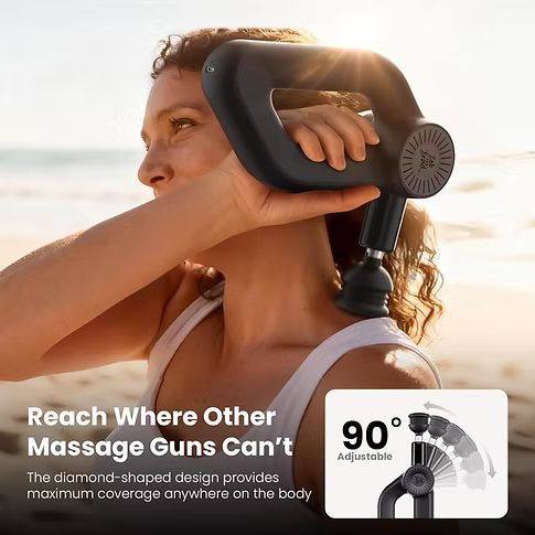A person using a massage gun on the beach, with text highlighting its features. Text includes: Reach Where Other Massage Guns Can't; the diamond-shaped design provides maximum coverage anywhere on the body. 90° Adjustable