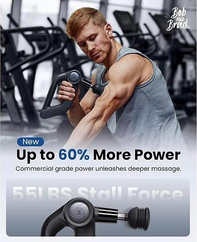 A man using a massage gun with promotional text about power and massage force in a gym setting. Text includes: up to 60% more power; commercial-grade power unleashes a deeper massage. 55lbs stall force. 
