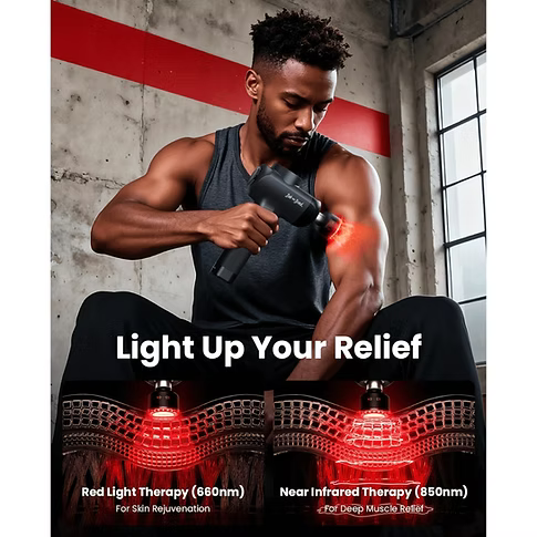 A man in a gym is using a handheld red light therapy massage gun on his upper arm. The image includes text overlays reading 'Light Up Your Relief' and two diagrams at the bottom illustrating red light therapy (660nm) for skin rejuvenation. Near-infrared therapy (850nm) for deep muscle relief.