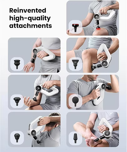 A collage showing a white and black handheld massage gun being used on a man's arm, knee, neck, and foot, with several black attachment heads displayed beside each use example. Large text at the top reads 'Reinvented high-quality attachments.