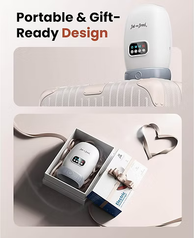 A portable white and gray hand massager shown in two styled product shots on a soft beige background. The top image shows the device resting on a striped suitcase with promotional text reading 'Portable & Gift-Ready Design.