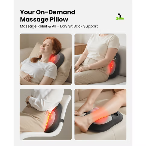 Promotional graphic for an on-demand back massager, showing four panels of a woman and a person using the black and gray massager on a sofa, chair, and footrest, with red glowing highlights indicating massage areas. Text at the top reads 'Your On-Demand Massage Pillow' and 'Massage Relief & All-Day Sit Back Support'.