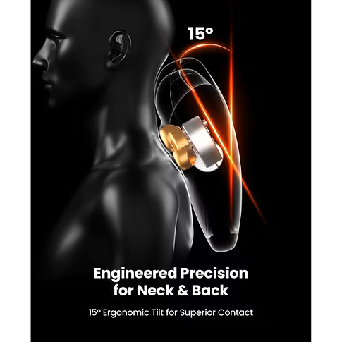 A black promotional graphic showing a side profile of a human head and neck with a transparent overlay highlighting a massager near the shoulder. Orange and white graphic lines and text read '15°', 'Engineered Precision for Neck & Back', and 'Engineered Precision for Neck & Back: 15° Ergonomic Tilt for Superior Contact'.