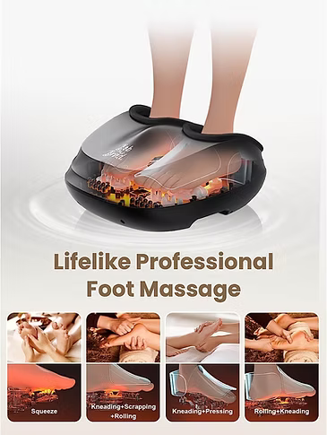 A foot massage device shown on feet against a light gray background, with the text 'Lifelike Professional Foot Massage' and a row of small demonstration photos along the bottom showing massage techniques including squeezing, kneading + scraping + rolling, kneading + pressing, rolling + kneading. 