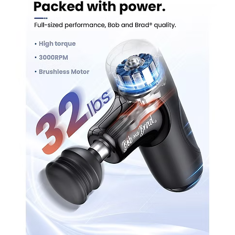 Internal image of the motor in a Q2 mini massage gun. Text includes: 32 lbs. Packed with Power, full-sized performance, Bob and Brad quality. High torque. 3000 rpm. Brushless motor. 