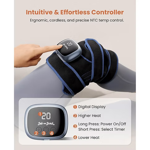 Digital heating pad with controller and text highlighting features. Text includes: Intuitive & Effortless Controller, Ergonomic, cordless, and precise NTC temp control. 1) Digital display and buttons, 2) higher heat, 3) long press: power on/off; short press: select timer, 4) lower heat. 