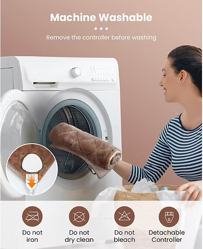 Women loading a brown rolled up heating pad into a washing machine. Text Includes: Machine washable, remove the controller before washing. Do not iron. Do not dry clean. Do not bleach. Detachable controller. 