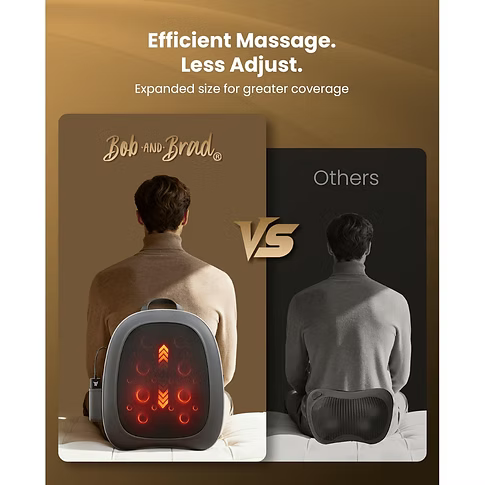 Promotional comparison graphic for a back massage device. The left panel shows a man from behind leaning on a gray Bob and Brad back massager with glowing red massage lights, while the right panel shows a man from behind with a much smaller massage device, greyed out. Text includes: Efficient massage. Expanded size for greater coverage.