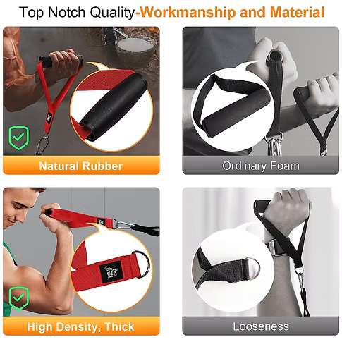 A four-panel comparison graphic for resistance bands with handles. The top text reads 'Top Notch Quality-Workmanship and Material.