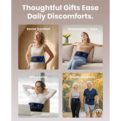 4 image collage of individuals wearing the Bob and Brad ThermoRed Back Belt in different settings with Text: Thoughtful gifts ease daily discomfort. Senior comfort, homemaker's ease, office relax, wireless leisure. 