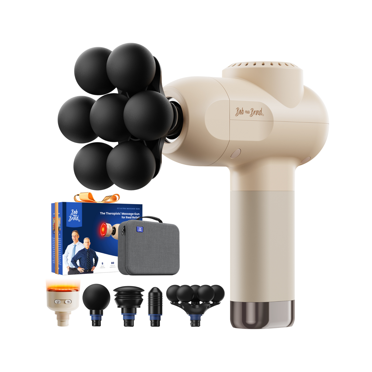Beige Bob and Brad C2 Ultra Massage Gun with five interchangeable attachments including a heated head and 7-node massage head, gray carrying case, and product packaging.