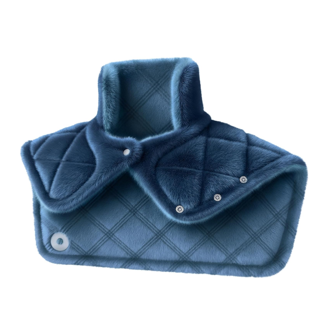Blue quilted collar cape heating pad with buttons on a white background