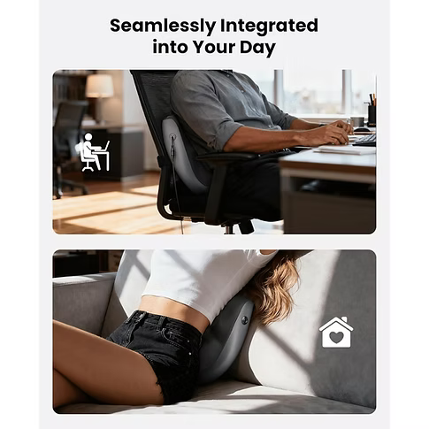 Person using a Bob and Brad back massager in an office chair and at home on a couch. Text includes: Seamlessly Integrated into Your Day. 