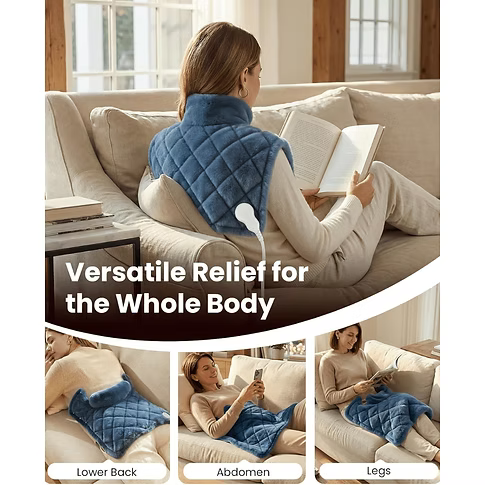 A woman sits on a beige couch reading a book while wearing a quilted blue heating pad around her torso. The main panel includes the text 'Versatile Relief for the Whole Body,' and three smaller panels at the bottom show the wrap used on the lower back, abdomen, and legs.