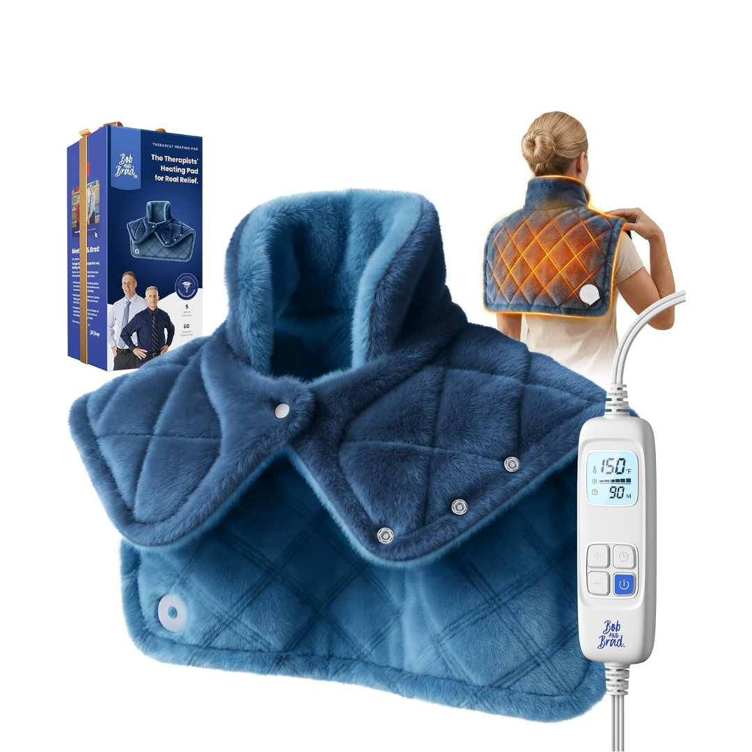 Blue heating pad with digital controller, packaging, and person wearing the pad on their shoulders on a white background