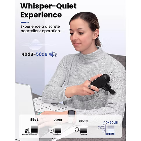 A woman in a light gray turtleneck sweater demonstrates using a Q2 mini handheld massage gun on her shoulder while working at a desk with a laptop. The graphic includes text reading 'Whisper-Quiet Experience' and '40dB-50 dB ', with decibel comparison icons for a vacuum cleaner (85dB), television (70 dB), talking (60dB), and Q2 MINI (40-50 dB). 