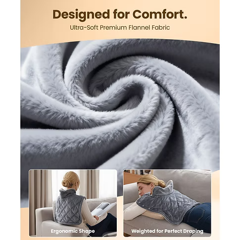 A promotional product graphic for a gray short cape heating pad. The main panel shows a close-up of the soft, textured fabric swirled in a spiral. Text includes: Designed for comfort. Ultra-soft premium flannel fabric.