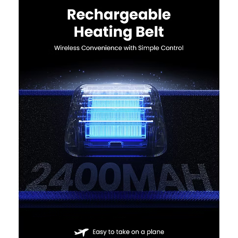 A rechargeable heating belt shown in a dark promotional graphic with a glowing blue battery, large text reading '2400MAH,' and headline text 'Rechargeable Heating Belt' and 'Wireless Convenience with Simple Control.'.