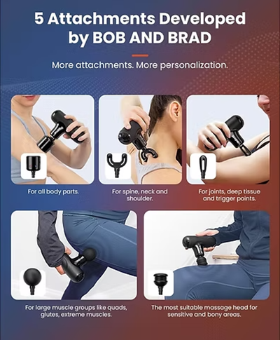 An infographic-style promotional graphic for a handheld massage gun attachment set. The top text reads '5 Attachments Developed by BOB AND BRAD' with the slogan 'More attachments. More personalization.' Heat head: for all body parts. Fork head: for spine, neck, and shoulders. Bullet head: for joints, deep tissue, and trigger points. Ball head: for large muscle groups like quads, glutes, and extreme muscles. Air cushion head: the most suitable massage head for sensitive and bony areas. 