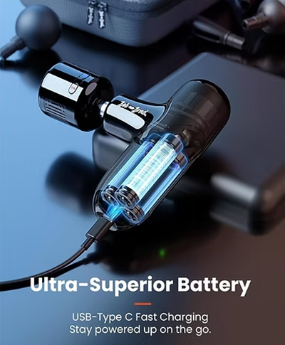 A black, transparent massage gun showing a glowing blue battery with the text Ultra-Superior Battery. USB-C fast charging stays powered up on the go. 