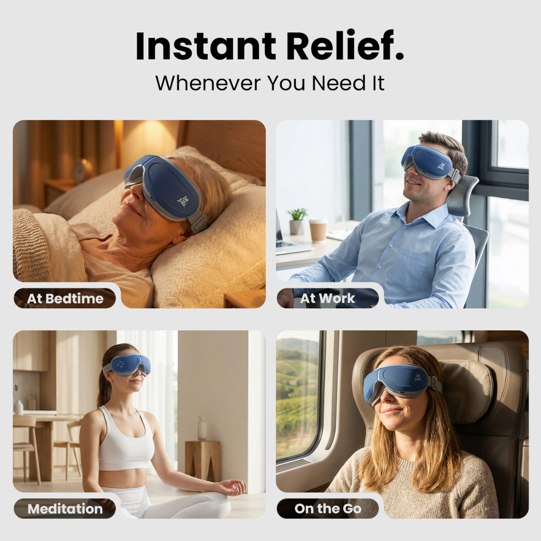 An eye massager being used in various scenarios (in bed, at the office, at home, on a train) with the text 'Instant Relief. Whenever You Need It'.