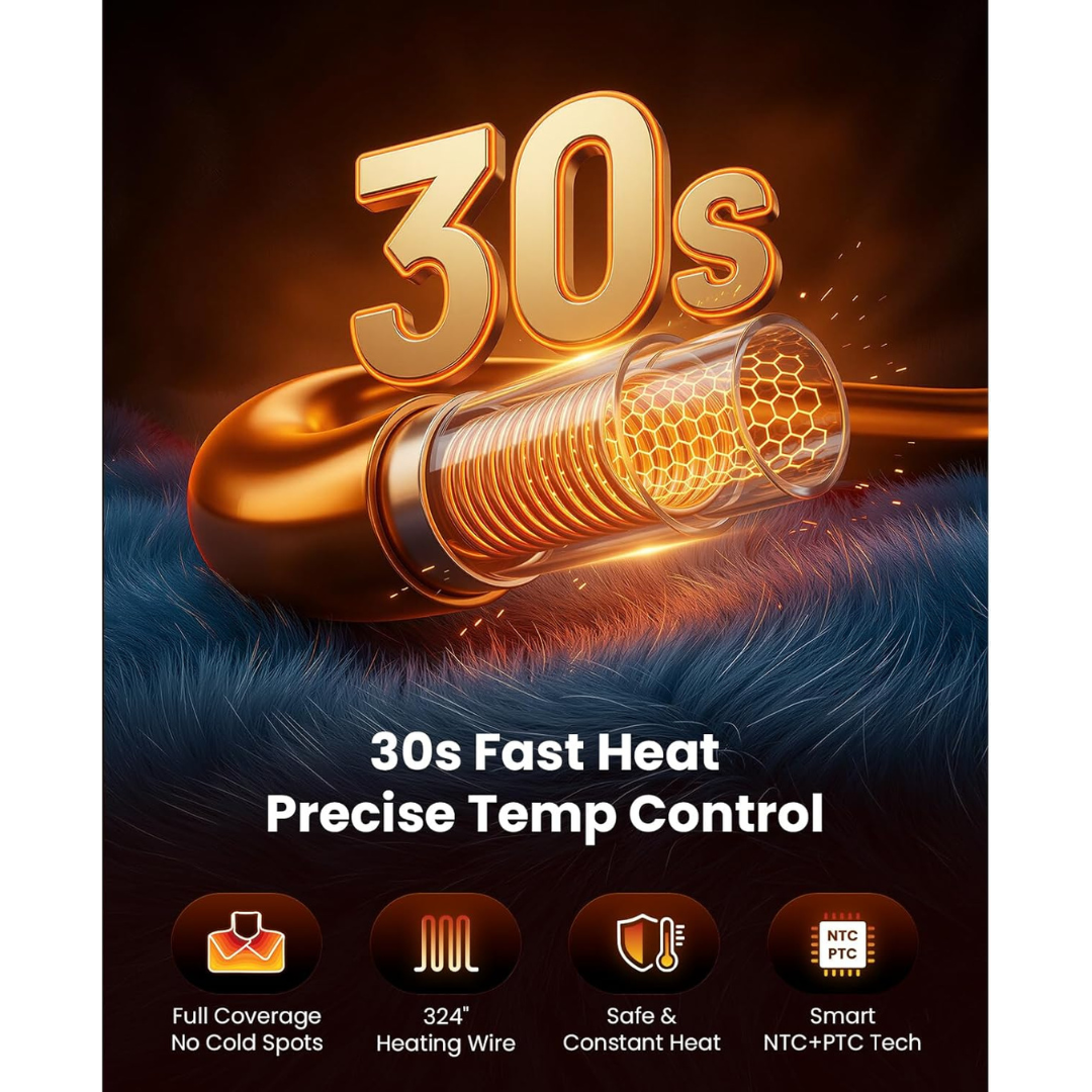 Heating cable with '30s' text, featuring fast heat and precise temp control. Text includes: full coverage, no cold spots. 324" heating wire. Safe & constant heat. Smart NTC = PTC Tech. 