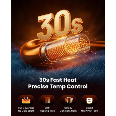 Heating cable with '30s' text, featuring fast heat and precise temp control. Text includes: full coverage, no cold spots. 324" heating wire. Safe & constant heat. Smart NTC = PTC Tech. 