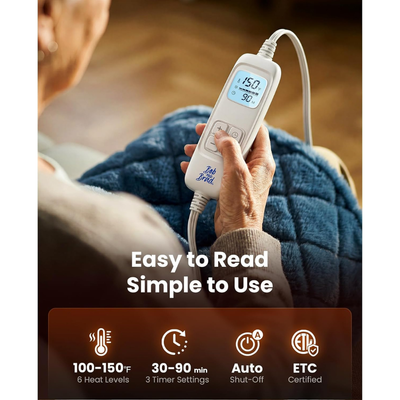 Person using a digital heating pad with the text 'Easy to Read, Simple to Use' and feature icons. Text includes: 100-150°F, 6 heat levels. 30-90 min, 3 timer settings. Auto shut-off. ETC Certified. 