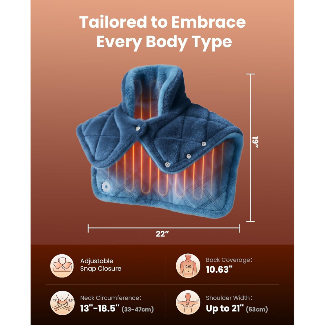 Blue heated shoulder wrap with glowing interior on a brown background, featuring dimensions (19"x 22") and features. Text includes: Tailored to embrace every body type. Adjustable snap closure; back coverage: 10.63"; neck circumference: 13"-18.5" (33- 47 cm); shoulder width: up to 21" (53cm). 