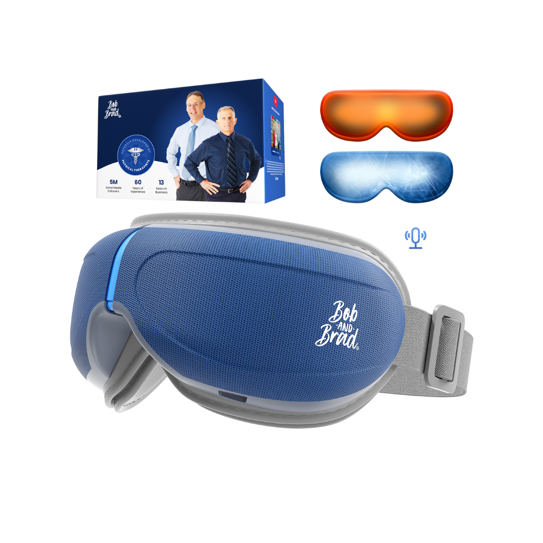 Blue eye massager with gray strap, packaging, and additional eye gel mask on a white background