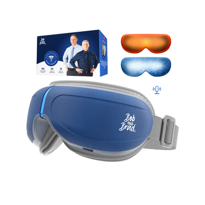 Blue eye massager with gray strap, packaging, and additional eye gel mask on a white background