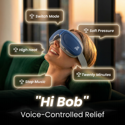 Person wearing a blue eye massager with text indicating voice commands "hi Bob" voice-controlled relief (switch mode, soft pressure, high heat, stop music, twenty minutes)  and a cityscape in the background.