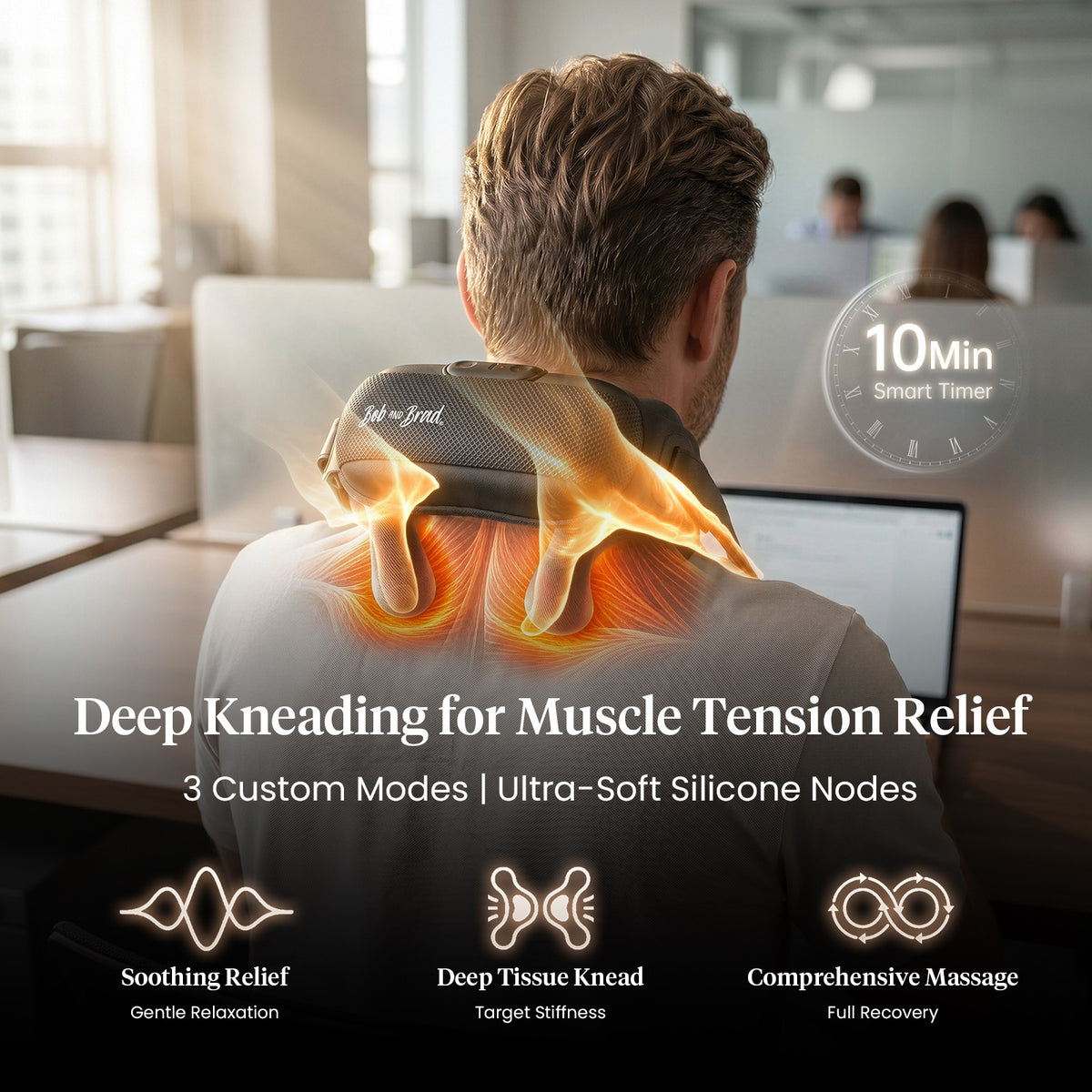 Person using a neck/shoulder massager with text highlighting features and benefits, including Soothing Relief/ Gentle Relaxation, Deep Tissue Knead/ Target Stiffness, and Comprehensive Massage/ Full Recovery. 10 min start timer