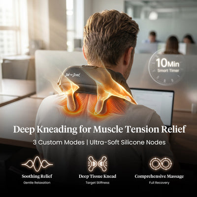 Person using a neck/shoulder massager with text highlighting features and benefits, including Soothing Relief/ Gentle Relaxation, Deep Tissue Knead/ Target Stiffness, and Comprehensive Massage/ Full Recovery. 10 min start timer